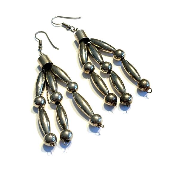 Tribal Pierced earrings long silver beads drop & dangle style southwestern Boho - Picture 3 of 6
